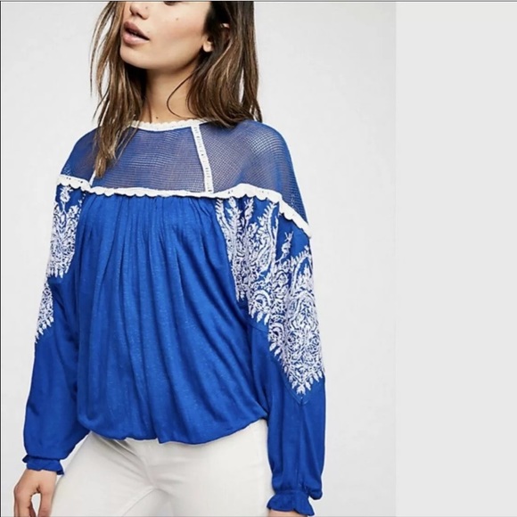 Free People Embroidered Sequin Mesh Balloon Peasant Blouse Top - Picture 5 of 13